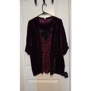 Vintage Burgundy Velvet Lace Beaded Tunic Top Gothic Renaissance Style